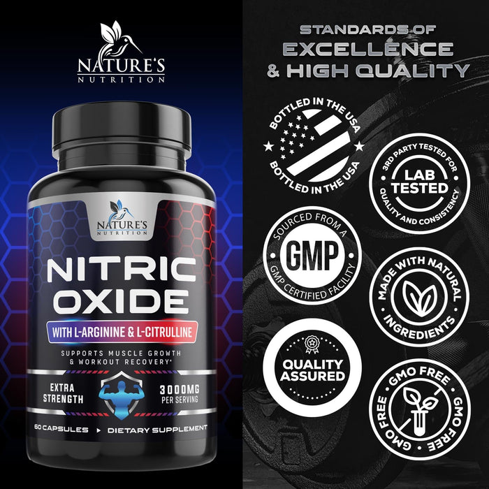 Nitric Oxide Booster Extra Strength 3000mg - L Arginine 3X Strength Nitric Oxide Supplements for Men and Women, Citrulline, Supports Muscle, Heart Health & Energy Supplement, Non-GMO - 60 Capsules