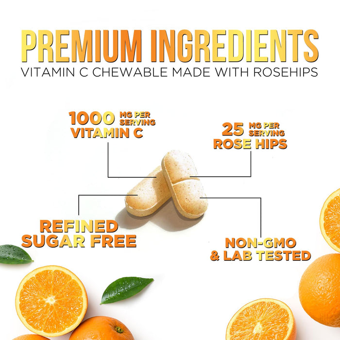 Vitamin C 1000mg Chewable Supplement - Extra Strength Immune Support Vitamin C Dietary Supplement with Rose HIPS, Nature's VitaminC Antioxidant Support, Natural, Vegan, Orange Flavor - 60 Tablets