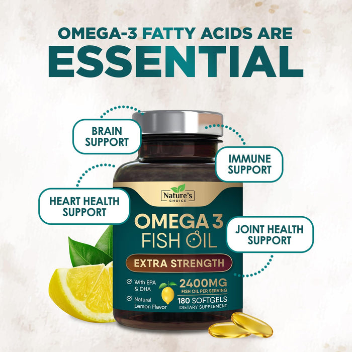 Omega 3 Fish Oil Supplement 2400 mg - Triple Strength EPA & DHA Fish Oil Omega 3, Essential Fatty Acids Supplement Softgels, Brain & Heart Health Support Supplements, Gluten Free Non-GMO, 180 Softgels
