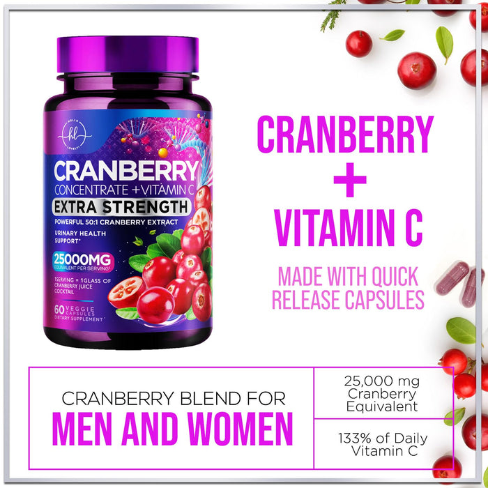 Cranberry Supplement 25,000mg Formula + Vitamin C – Urinary Tract Health Support for Women & Men, 50:1 Whole Fruit Cranberry Extract Pills for Women, Sugar-Free, Non-GMO, Gluten-Free - 60 Capsules
