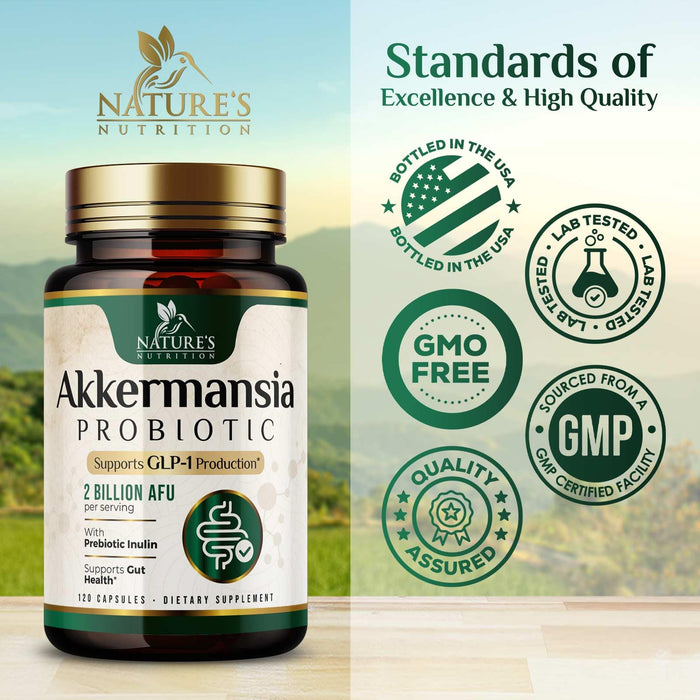 Akkermansia Probiotic Supplement for Women & Men, Akkermansia Muciniphila GLP 1 Probiotics with Prebiotic, 2 Billion AFU, Natural Digestive, Gut Health, & GLP 1 Production Support, 120 Capsules