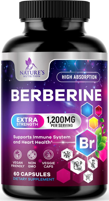 Berberine HCL 1200mg Supplement - Berberine HCI Capsules High Absorption Supplement for Heart Health & Immune Support, High Strength, Gluten-Free, Vegan, Non-GMO Pills - 60 Veggie Capsules