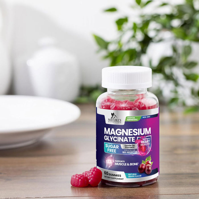 Magnesium Glycinate Supplement Gummies - Magnesium Supplement with Bone Muscle Heart Health & Sleep Support - Gentle on Stomach & Chelated for Max Absorption - Grape Flavor & Sugar Free - 60 Gummies