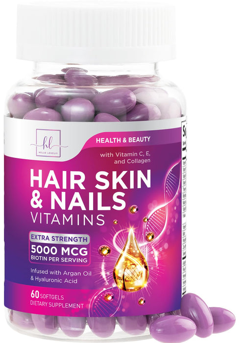 Hair, Skin & Nails Vitamins for Women - Biotin 5000mcg to Support Hair Growth with Argan Oil, Collagen & Hyaluronic Acid, Beautiful, Stronger Skin, Hair & Nails Vitamin Supplement - 60 Softgels