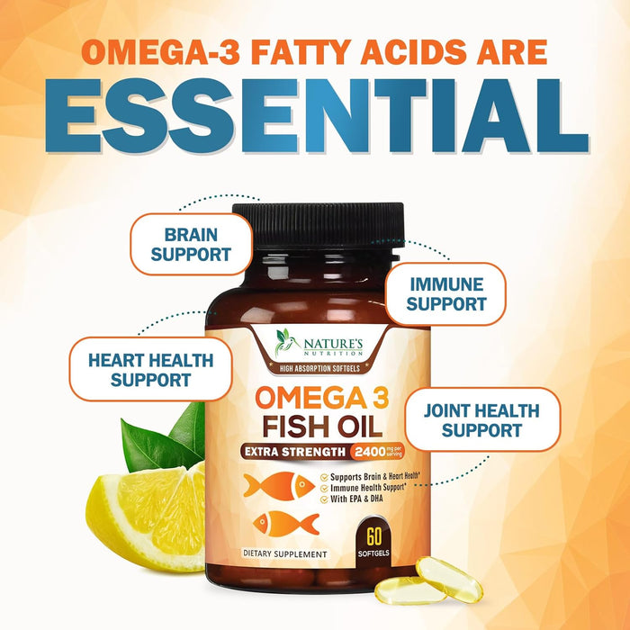 Omega 3 Fish Oil 2400 mg - Triple Strength EPA & DHA Fatty Acids for Heart, Brain & Joint Support Wild-Caught, Burpless, Lemon Flavor Supplement Natural, Non-GMO, Gluten-Free - 60 Softgels