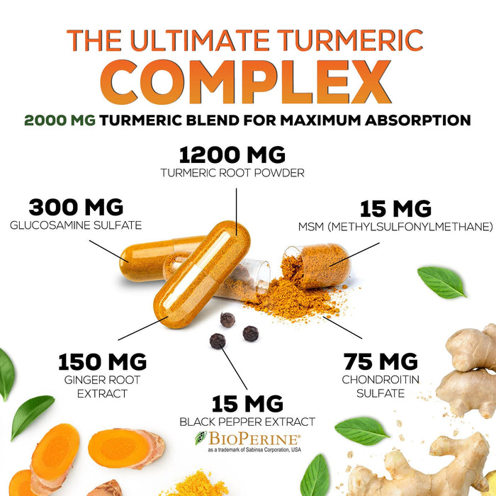 Turmeric Curcumin Supplement 2000mg with Glucosamine Chondroitin & Ginger, 95% Curcuminoids, BioPerine Black Pepper for Best Absorption, Nature's Joint Support, Non-GMO, Bottled in USA - 120 Capsules