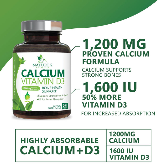 Calcium Supplement with Vitamin D - 1200 mg Calcium Carbonate with 1600 IU of D3 Vitamins - Supports Bone Strength, Teeth & Immune System - Natural & Easily Absorbable for Women & Men - 240 Tablets