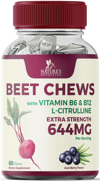 Heart Chews - Nitric Oxide & Energy Support with Beet Root Extract & Grape Seed Extract - Natural Non-GMO Beetroot Powder Antioxidant Soft Berry Flavor Chewable Supplement for Women & Men - 60 Count