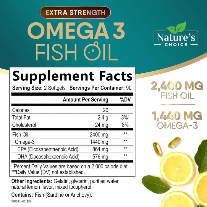 Omega 3 Fish Oil Supplement 2400 mg - Triple Strength EPA & DHA Fish Oil Omega 3, Essential Fatty Acids Supplement Softgels, Brain & Heart Health Support Supplements, Gluten Free Non-GMO, 180 Softgels
