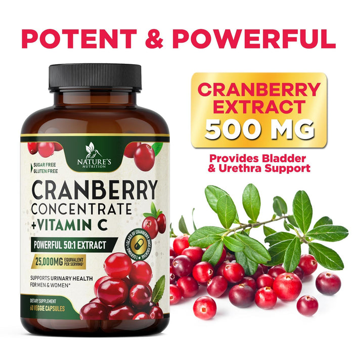 Cranberry Pills for Women - 500 mg Natural Urinary Tract Health Support - Concentrated Formula from Whole Fruit Cranberry & Vitamin C - Sugar Free, Gluten Free, Non-GMO Supplement - 60 Capsules