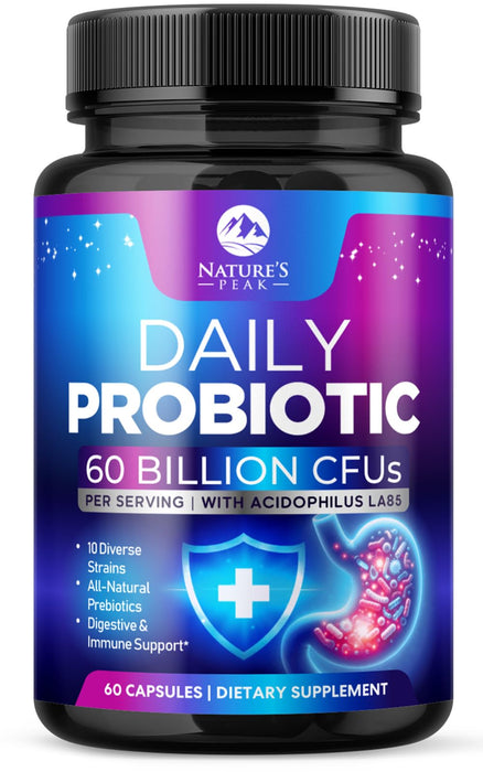 Probiotics 60 Billion CFU - 10 Strains + Digestive Enzymes & Prebiotics - Best Probiotic for Women & Men, Supports Immune, Gut Health, Occasional Constipation, Diarrhea, Gas & Bloating - 60 Capsules