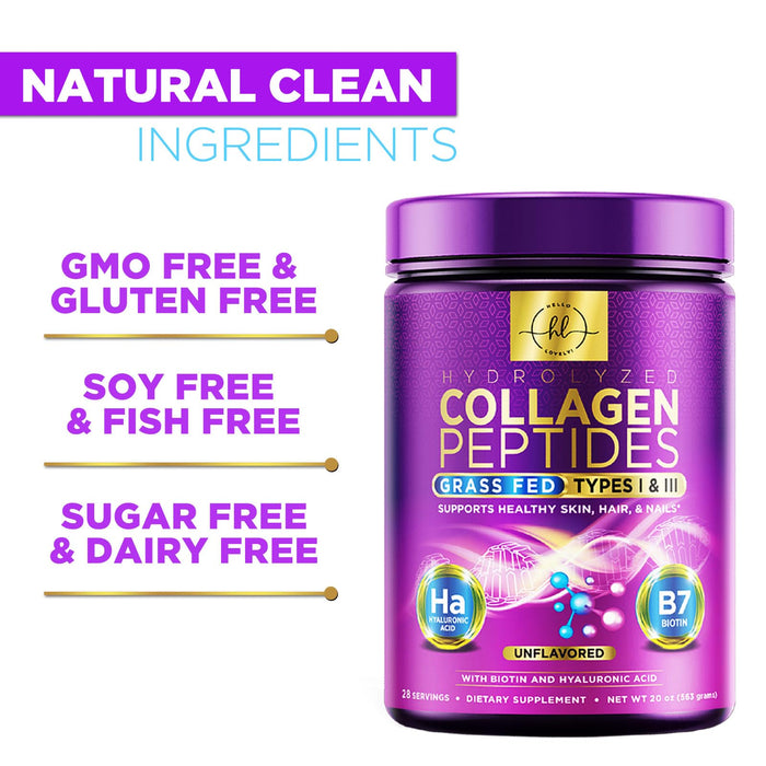 Collagen Peptides Powder Unflavored - Supports Hair, Nail, Skin, Bone & Joint Health - Grass Fed Hydrolyzed Powder Type I & III, Best Collagen Supplements with Hyaluronic Acid & Biotin - 28 Servings