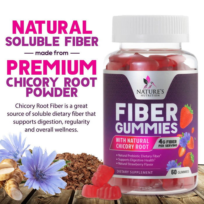 Fiber Gummies for Adults - 4g Gummy Fiber Supplement for Digestive Health & Regularity Support, Daily Prebiotic Supplements, Natural Prebiotic Gummy, Plant Based, Strawberry Flavored - 60 Gummies