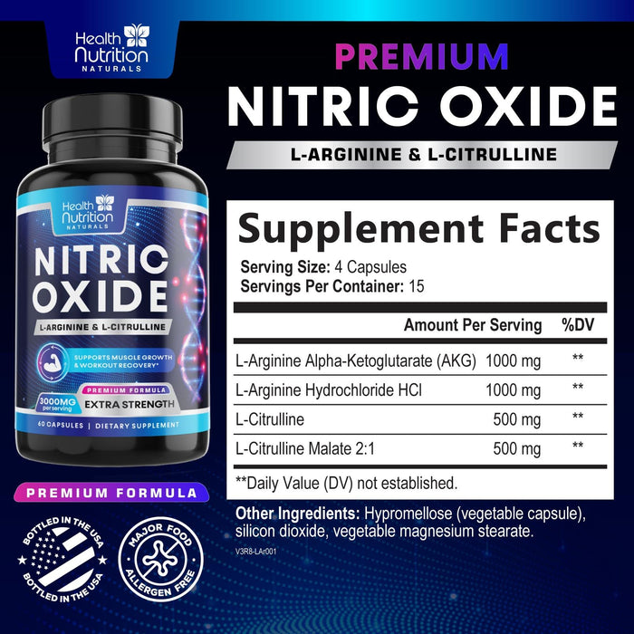 Extra Strength Nitric Oxide Supplement 3X Strength L Arginine, Citrulline Malate, AAKG, Beta Alanine - Premium Muscle Supporting Nitric Booster - Natural Energy & Heart Health Support - 60 Capsules