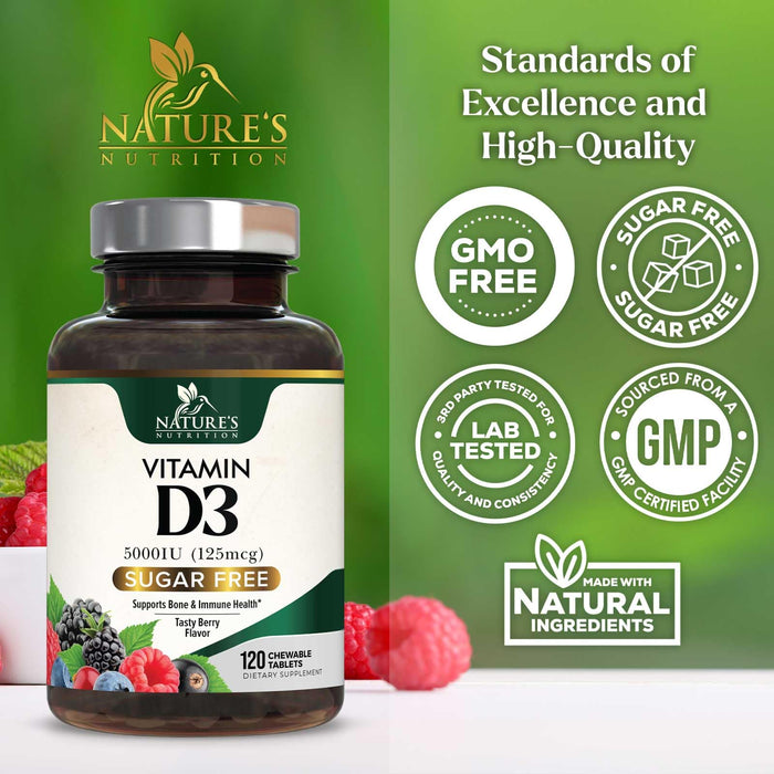 Vitamin D3 5000 IU (125 mcg) Nature's Extra Strength Vitamin D Supplement Chewable for Immune Support Health - Bone, Teeth and Muscle Supplements - Sugar Free, Non-GMO, Gluten Free - 120 Count Tablets
