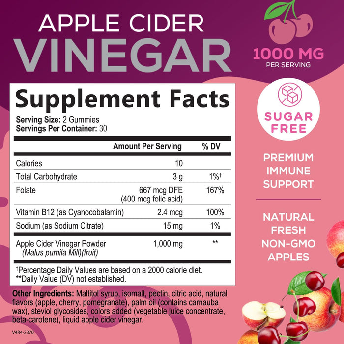 Vegan Apple Cider Vinegar Gummy 1000mg - Sugar Free ACV Gummies Vitamins Supplement with Vitamin B12 for Energy - Supports Digestion, Detox and Cleanse - Gelatin-Free, Non-GMO - 60 Gummies