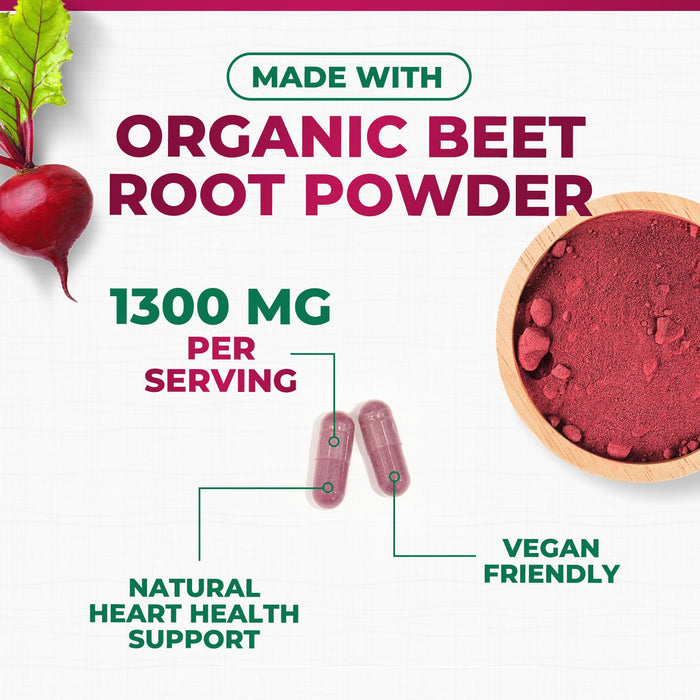 Beet Root Capsules 1300mg - Extra Strength Red Beetroot Powder Supplement – Supports Nitric Oxide Production, Heart Health & Natural Energy – Non-GMO, Vegan, Gluten Free – 120 Veggie Capsules