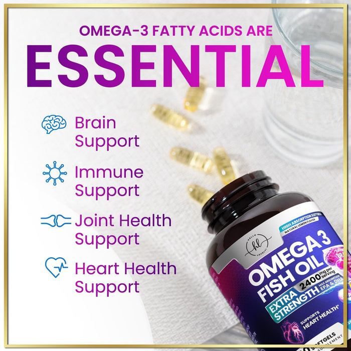 Omega 3 Fish Oil Supplements 2400mg - Triple Strength Omega 3 Fatty Acids, Natural Heart Health Brain & Joint Support - Fatty Acids with EPA & DHA - Wild Caught Fish Oil Supplement - 120 Softgels