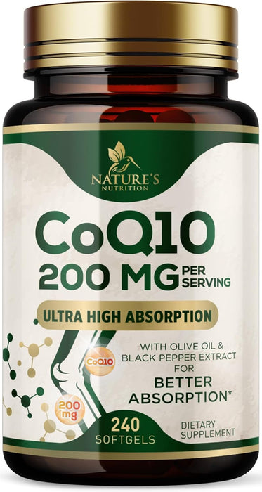 CoQ10 200mg Softgels - Extra Strength Coenzyme Q10 Supplement With Black Pepper Extract for Enhanced Absorption, CoQ10 Antioxidant Supplements for Heart Health & Cellular Energy Support - 240 Softgels