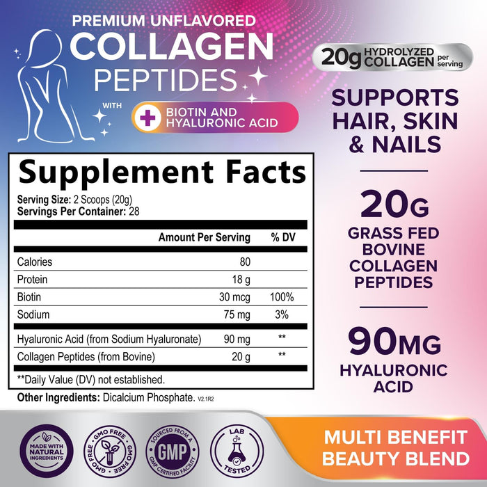 Collagen Peptides Powder for Women & Men - Hydrolyzed Type 1 & 3 Collagen Powder & Hyaluronic Acid - Vital Support for Hair, Nail, Skin, Bone & Joint Health - Zero Sugar, Unflavored - 28 Servings
