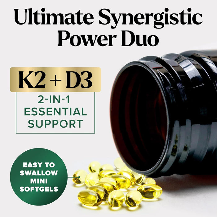 D3 K2 Vitamin 5000 IU | 2-in-1 Vitamin D 5000iu & Mk7 Vitamin K 100 mcg Dietary Supplement for Bone & Immune Support, Bottled in USA, Easy to Swallow, Gluten Free, Non-GMO I 240 D3K2 Complex Softgels
