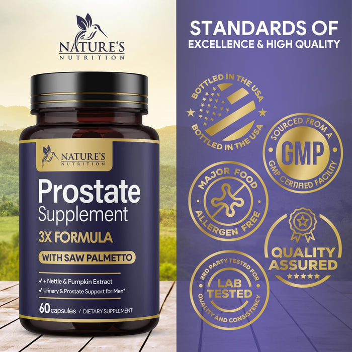 Prostate Health Supplements for Men - Support Complex 3X Formula with Saw Palmetto Blend Stinging Nettle Root & Pumpkin Seed Extract - Supports Bathroom Trips Prostate & Urinary Health - 60 Capsules