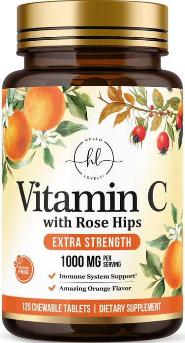 Vitamin C Supplement 1000mg - Extra Strength with Rose Hips Bioflavonoids - Sugar Free Vitamin C Chewable Pills, Nature's Vit C for Immune Support & Antioxidant Protection - 120 Chewable Tablets