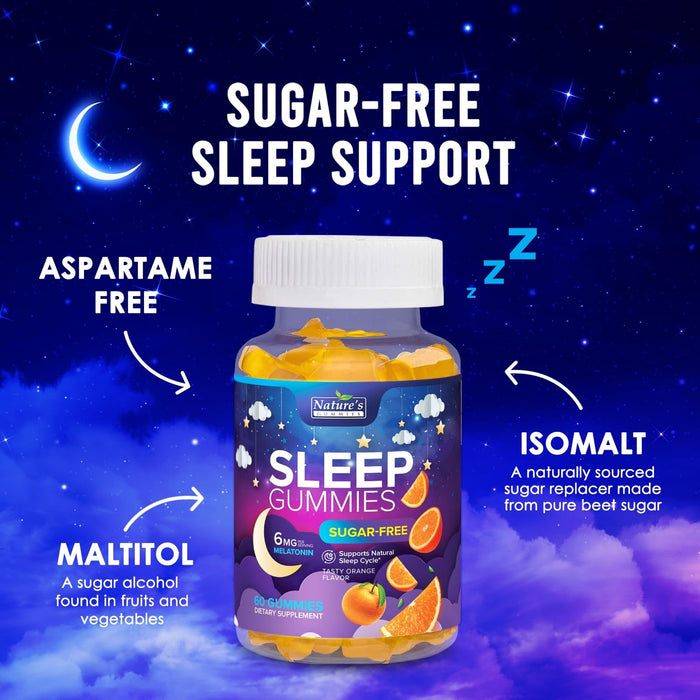 Sleep Gummies 6mg - Melatonin Gummy for Adults, Sugar Free, Natural Sleeping Gummy for Adults, Kids, Orange Flavored, Vegan, Non-GMO, Extra Strength Sleep Vitamin Support Supplement - 60 Gummies