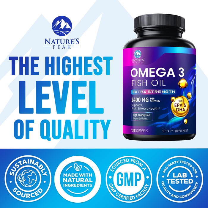 Omega 3 Fish Oil 2400 mg Supplement, Sustainably Sourced, Triple Strength Omega-3 Supplement Softgels, Brain Health Support, EPA & DHA Fish Oil Fatty Acids Supplements, Gluten & GMO Free, 120 Softgels