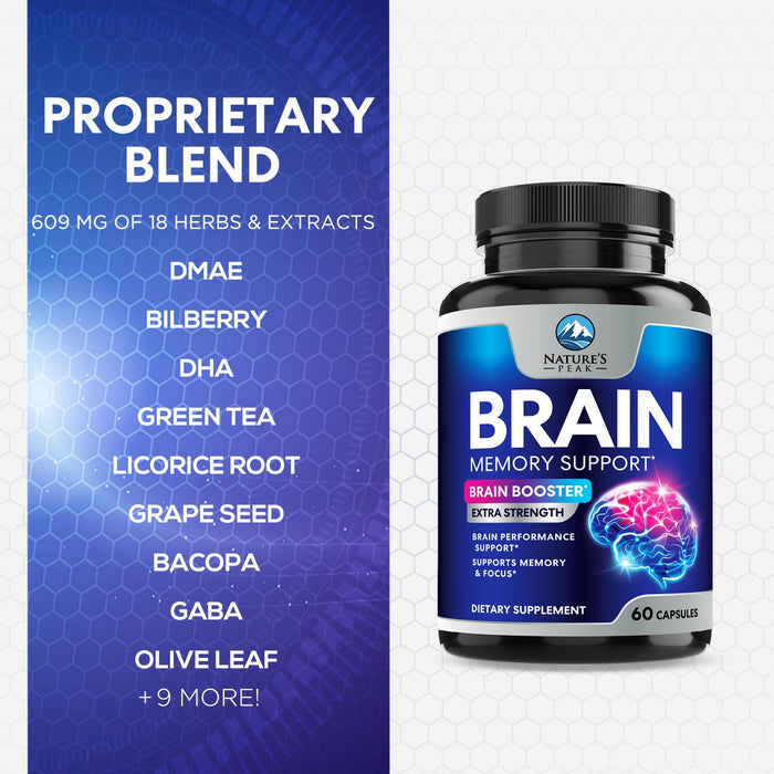 Brain Memory Supplement Pills - Nootropics Support for Concentration, Clarity, Alertness & Focus - Brain Health with Bacopa, Cognitive Vitamins, Phosphatidylserine, DMAE - Brain Booster - 60 Capsules