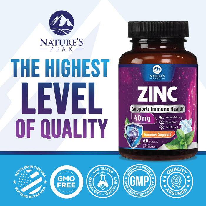 Zinc Supplement 40mg - Immune Support for Women & Men - High Potency Antioxidant, Chelated for Superior Absorption, Dietary Supplement Vitamin for Immune Health Support - 60 Tablets (60 Day Supply)