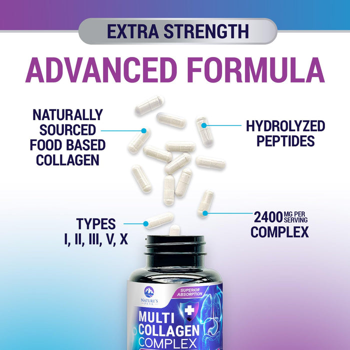 Multi Collagen Peptides Supplement for Hair, Nail, Skin - Type I, II, III, V, X, Collagen Powder Pills - Grass-Fed, Hydrolyzed for Bone and Joint Support for Women & Men, Non-GMO - 60 Capsules