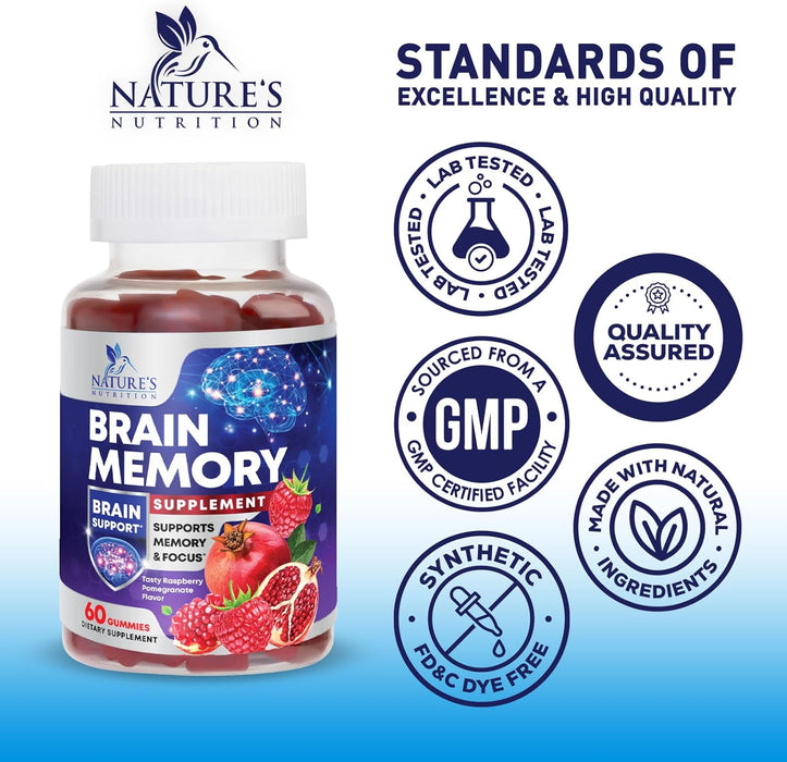 Brain Supplement Gummies for Concentration Memory & Focus Support - Brain Clarity Health with B6 B12, Phosphatidylserine, Coffee Extract, Nootropics Cognitive Vitamins for Adults - 60 Vegan Gummies