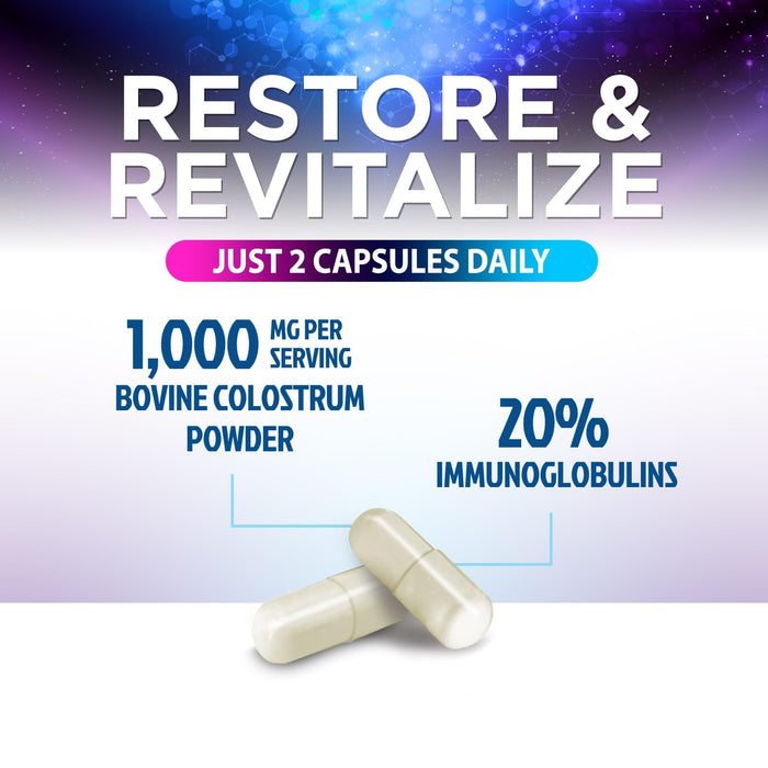 Colostrum Supplement 1000mg 20% Immunoglobulins for Gut Health, Immune Support, Muscle, Skin & Hair Growth, Bovine Colostrum Powder, Nature's Colostrum for Women & Men, Bottled in USA - 60 Capsules