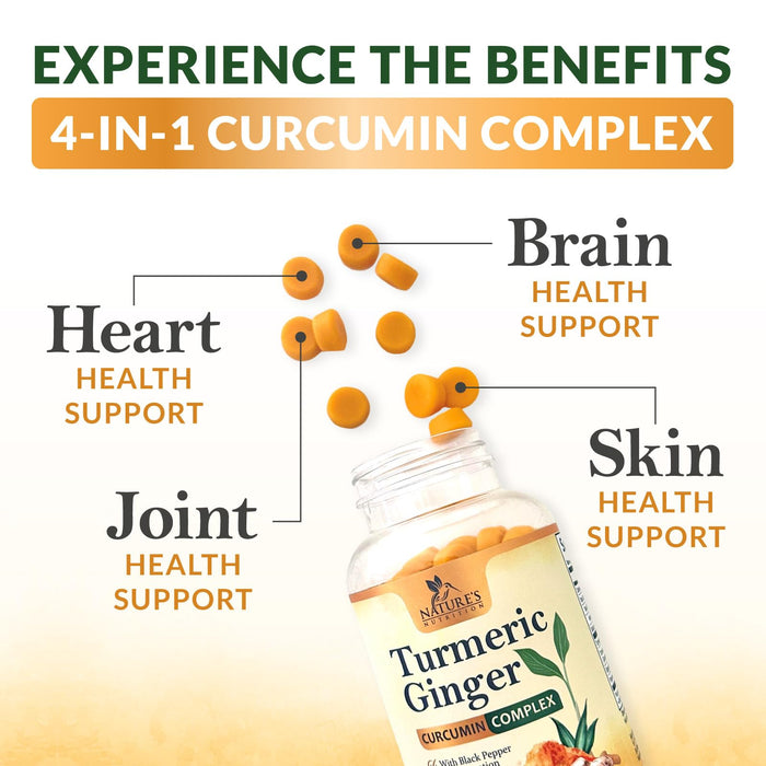 Turmeric Gummies with Black Pepper & Ginger for Best Absorption, 95% Curcuminoids Tumeric Curcumin Gummy, Nature's Herbal Extract Joint Support Supplement, Vegan Non-GMO, Peach Flavor - 120 Gummies