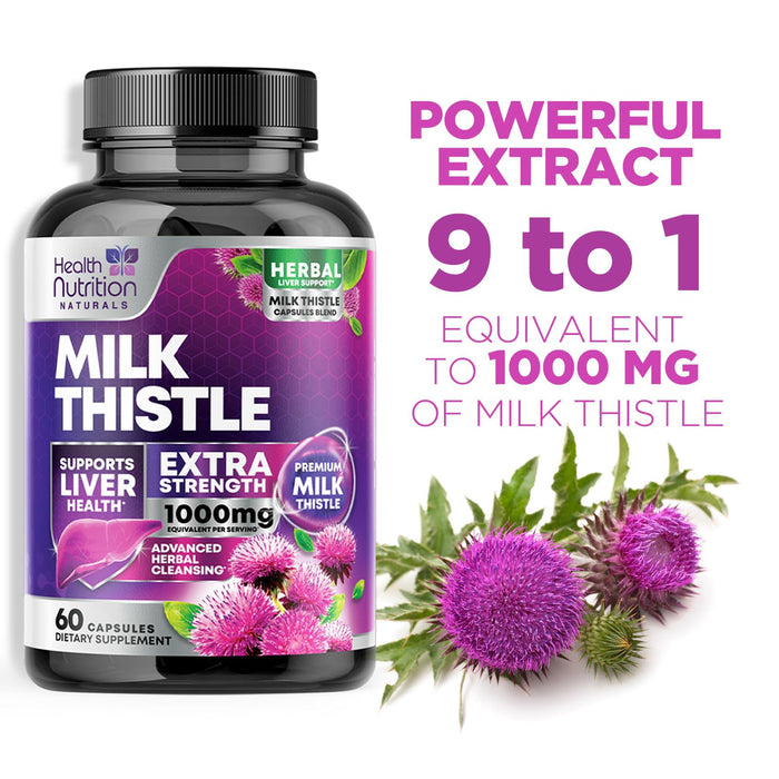 Milk Thistle Supplement - Liver Cleanse Detox & Repair Formula 1000mg with Dandelion - Nature's Herbal Milk Thistle Extract Supplements w/Silymarin Marianum, Supports Liver Health - 60 Capsules