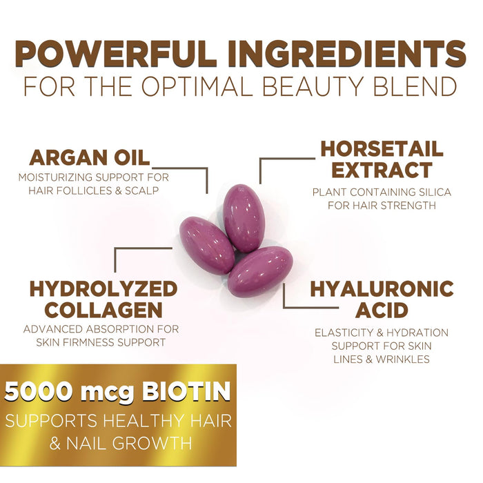 Hair Vitamins Biotin 5000 mcg Collagen for Hair Skin and Nails Vitamin Nature's, Supports Supplement Fast Fuller Thicker Healthy Growth Support, with Hyaluronic Acid Women & Men, Non-GMO, 60 Softgels