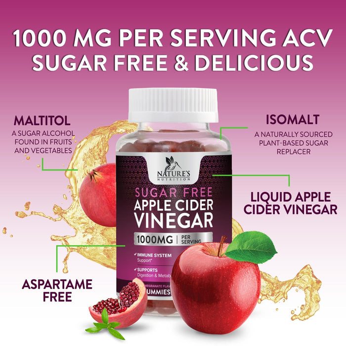 Apple Cider Vinegar Gummies for Weight Loss 1000mg - Vegan Apple Vinegar Gummy for Detox & Cleanse, ACV Supplement Pills, Vitamin B12, Sugar Free ACV Gummy, Non-GMO, Nature's Nutrition - 60 Gummies