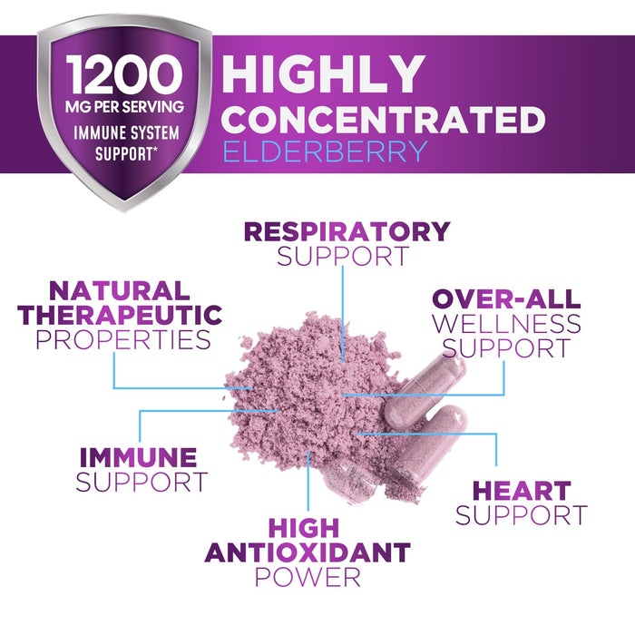 Elderberry Immune Support 1200mg Extract Capsules - Daily Immune Support for Adults with Concentrated Sambucus Black Elderberry Antioxidant - Gluten Free Vitamin, Non-GMO Supplement - 120 Capsules