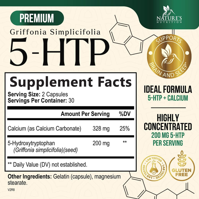 5 HTP 200mg Capsules Vegetarian Supplement - 5HTP Plus Calcium for Brain Support - Extra Strength Griffonia Simplicifolia 5-HTP Formula - 5 Hydroxytryptophan - Gluten Free & Non-GMO - 60 Capsules