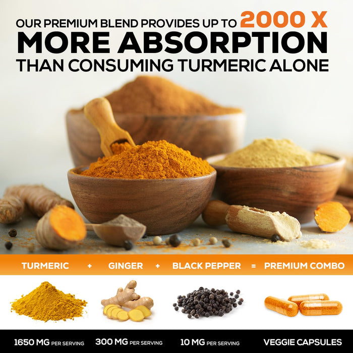 Turmeric Curcumin Supplement 1950mg - 95% Curcuminoids with Organic Turmeric & Ginger, BioPerine Black Pepper for Best Absorption, Nature's Vegan Joint Support, Non-GMO, Bottled in USA - 60 Capsules