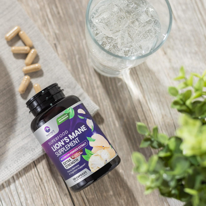 Lions Mane Mushroom Capsules 10,000mg - Lion’s Mane Supplement Capsules for Memory and Focus Support, Brain, Immune Health Support, Vegan, Bottled in USA, Lions Mane Mushroom Powder Extract, 120 Count