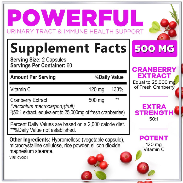 Cranberry Supplement 25,000mg Formula + Vitamin C – Urinary Tract Health Support for Women & Men, 50:1 Whole Fruit Cranberry Extract Pills for Women, Sugar-Free, Non-GMO, Gluten-Free - 120 Capsules