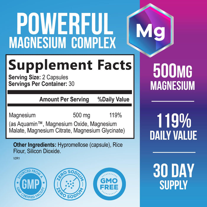 Magnesium Complex Supplement 500 mg - 5 in 1 High Absorption Chelated Magnesium Glycinate, Malate, Citrate, Oxide, Aquamin - Non-GMO Magnesio Capsules, Bone Muscle & Heart Health Support, 60 Capsules