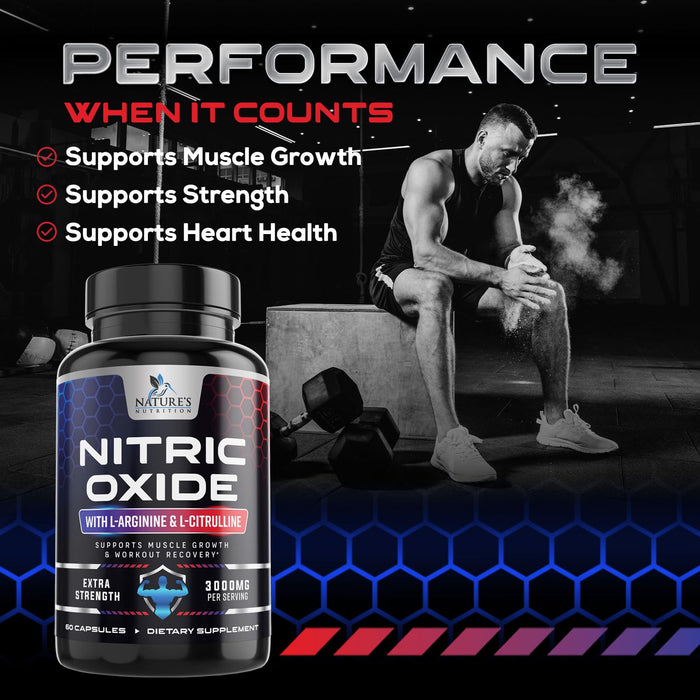Nitric Oxide Booster Extra Strength 3000mg - L Arginine 3X Strength Nitric Oxide Supplements for Men and Women, Citrulline, Supports Muscle, Heart Health & Energy Supplement, Non-GMO - 60 Capsules
