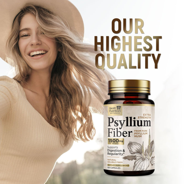 Psyllium Husk Fiber Caps 1500mg Supplement - Psyllium Husk Capsules Daily Support Digestive Health & Regularity, Nature's Plant Based Husks Natural Soluble Fiber Pills, Vegan, Non-GMO - 120 Capsules