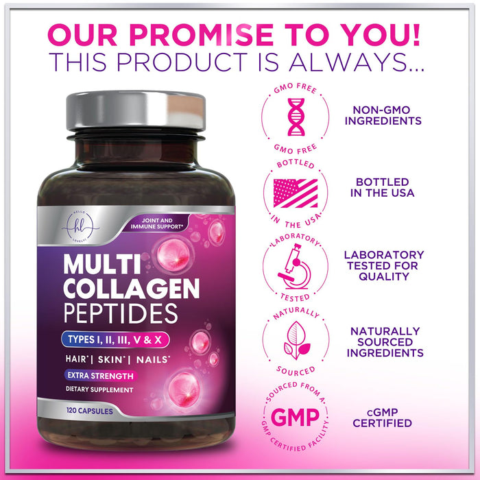 Multi Collagen Peptides Supplement - Hydrolyzed Types I, II, III, V & X Multi Collagen Pills, Hydrolyzed Collagen Peptides Supplements, Hair, Skin, Nail, and Joint Support Supplement, 120 Capsules