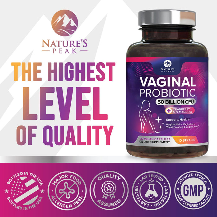 Vaginal Probiotics for Women pH Balance with Prebiotics, 50 Billion CFU, 10 Probiotic Strains, Cranberry, D-Mannose & XOS - Healthy Vaginal Odor & Flora, UT & Feminine Digestive Health - 120 Capsules