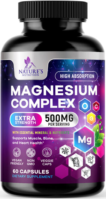 Magnesium Complex Supplement 500 mg - 5 in 1 High Absorption Chelated Magnesium Glycinate, Malate, Citrate, Oxide, Aquamin - Non-GMO Magnesio Capsules, Bone Muscle & Heart Health Support, 60 Capsules