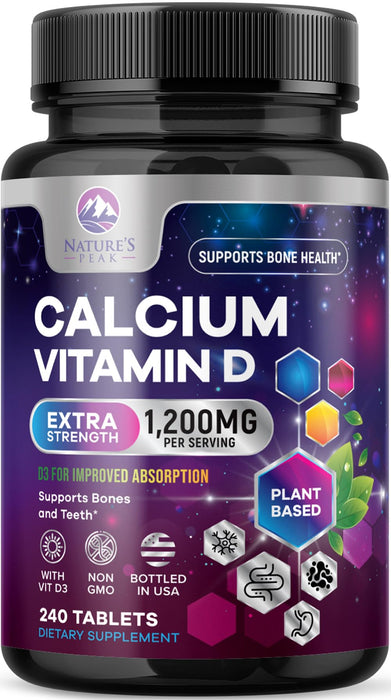 Calcium 1200 mg with Vitamin D3, Calcium Supplement Vitamins, Bone, Teeth & Immune Health Support, Calcium Supplements with D for Women & Men, Nature's Absorbable Calcium Carbonate - 240 Tablets
